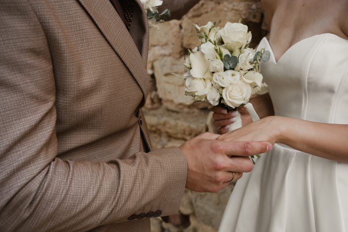 Close-up of newlyweds’ hands and rings