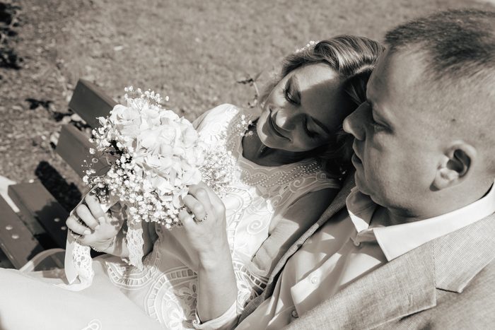 Black and white wedding portrait viewed from above